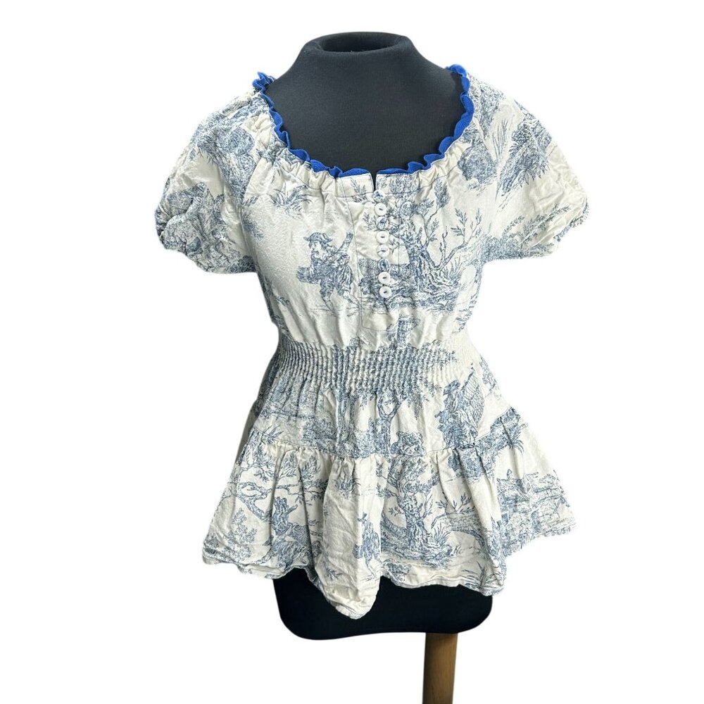 Popies Womens Blue & White Toile Print Peplum Top With Ruffle Trim & Smocked Wai